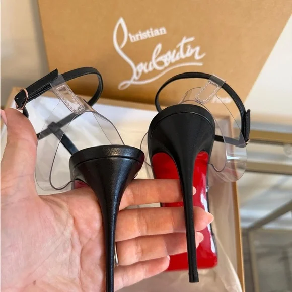 Christian Louboutin Black Pointed-Toe T-Strap Studded Heels - Picture 8 of 9